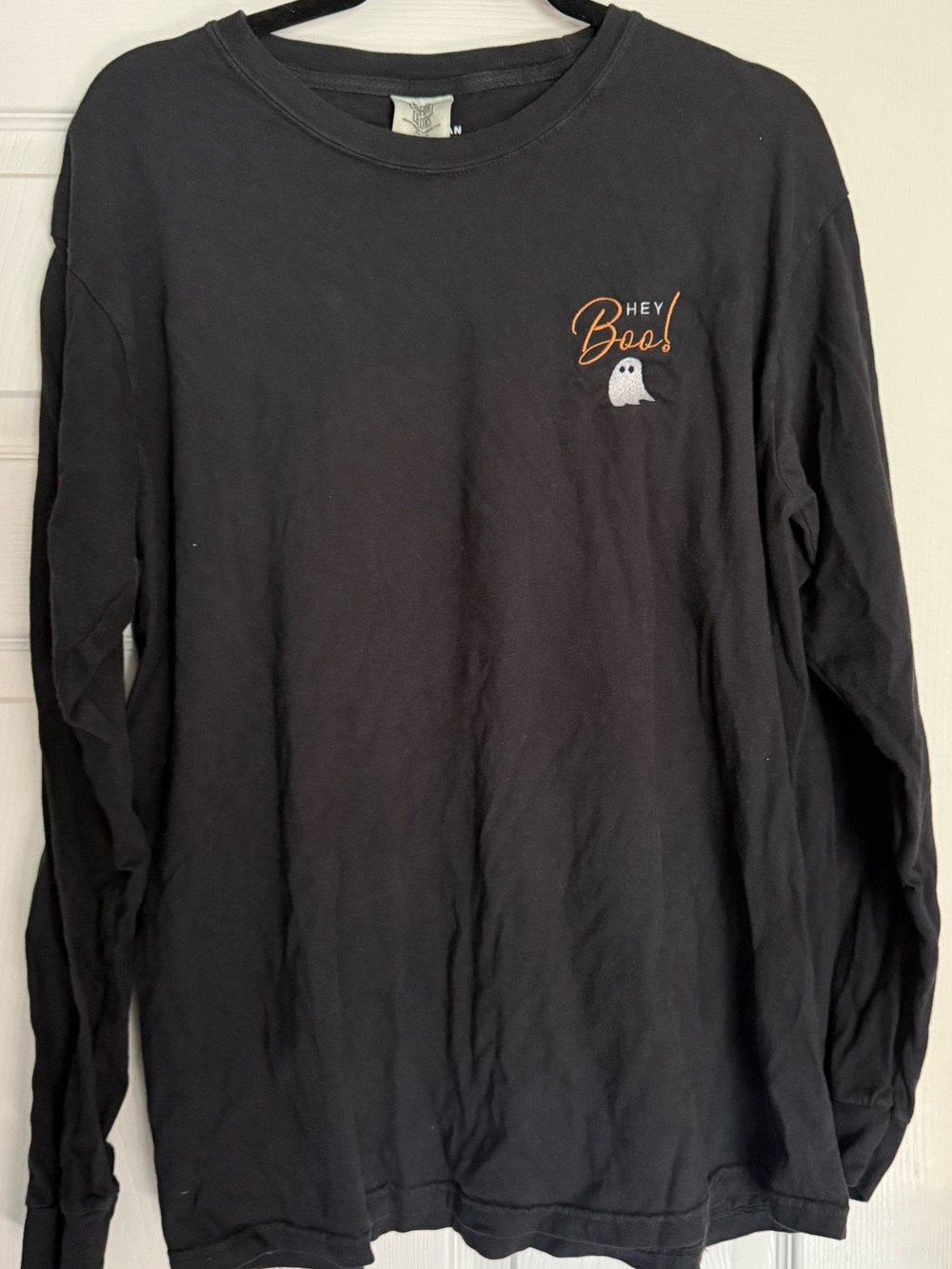 Comfort Colors Black Long-Sleeve Shirt with Orange "Hey Boo" Embroidery